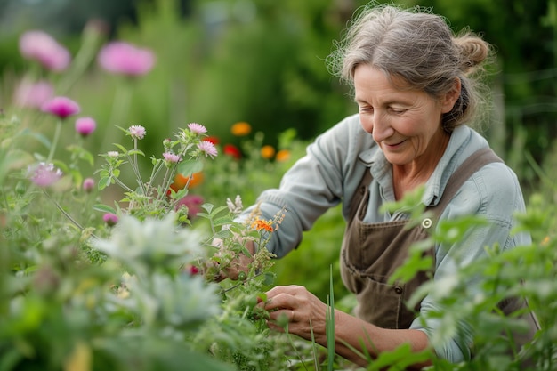 Glückliche ältere Frau kümmert sich um Blumen im Freien im Garten Frau pflanzt Pflanzen und nimmt