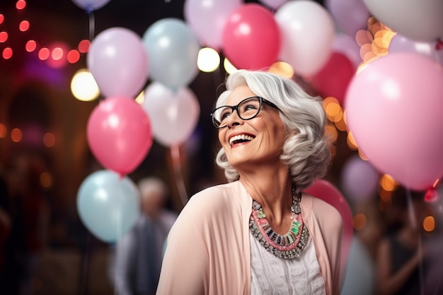 glückliche ältere Frau mit grauen Haaren in eleganten Kleidern und Brillen