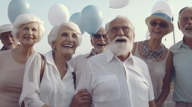 Glückliche ältere Frauen und Männer in weißen Kleidern gehen im Freien spazieren