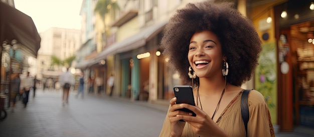 Glückliche afroamerikanische Frau in Kleid, die durch die Stadt schlendert und Regie führt, liebt Reisen, filmt mit dem Telefon im Freien und kommuniziert beim Bloggen und Videoc