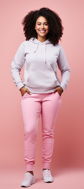 Glückliche afroamerikanische Frau in Sportkleidung posiert allein auf rosa Hintergrund und blickt zur Seite mit Platz für Text