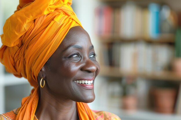 Glückliche afroamerikanische Frau mit traditionellem Kopftuch zu Hause