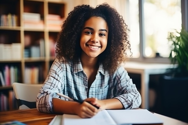 Glückliche afroamerikanische Teenager-Studentin, die zu Hause auf dem PC eLearning macht, Notizen schreibt, lächelnde Teenagerin, die Laptop benutzt, Webinar sieht, hybrides Englisch lernt, Online-Virtuellklasse, die an einem Tisch zu Hause sitzt