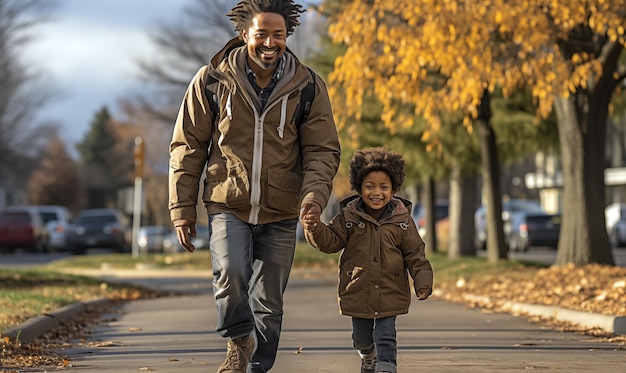 glückliche afroamerikanische Vater und Sohn gehen zusammen im Herbstpark