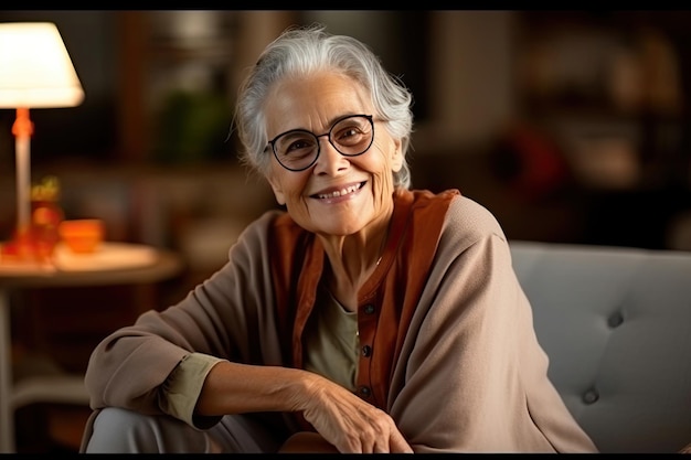 Glückliche alte Dame mit Brille posiert zu Hause drinnen, positive alleinstehende Seniorin im Ruhestand, sitzt auf dem Sofa im Wohnzimmer. Generative KI