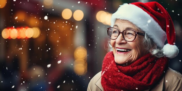 Glückliche alte, gutaussehende Frau mit Weihnachtsmütze, die in der Weihnachtszeit spazieren geht. Helles Bokeh im Hintergrund