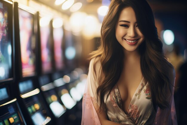 Glückliche asiatische Frau an Casino-Spielautomaten