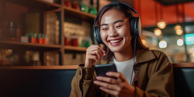 Glückliche asiatische Frau, die in einem Café Musik über drahtlose Kopfhörer hört