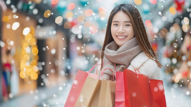Glückliche asiatische Frau mit Einkaufstaschen, die Spaß am Einkaufen hat. Junge, attraktive, fröhliche Frau mit Papiertaschen und Geschenkkiste nach Weihnachtsgeschäften im Einkaufszentrum.