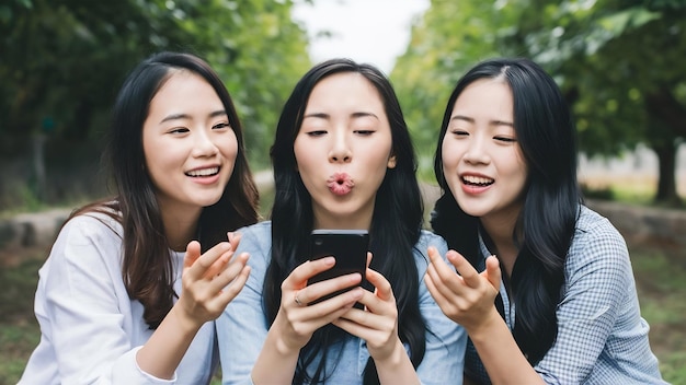 Glückliche asiatische mädchen machen video-geschichten für soziale netzwerk-app im freien junge frauen freunde haben fu