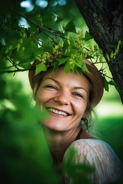 Glückliche Bäume und Porträt einer Frau in der Natur für Ruhe, Entspannung oder Freiheit im Freien im Sommer