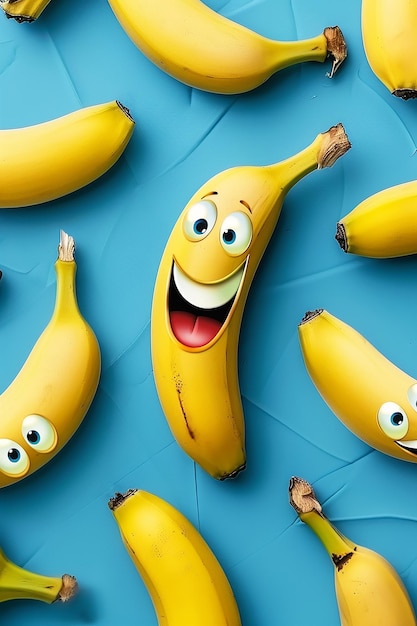 Foto glückliche bananen auf blauem hintergrund