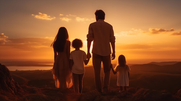 Glückliche bedeutende Familie bei einem generativen Ai bei Sonnenuntergang