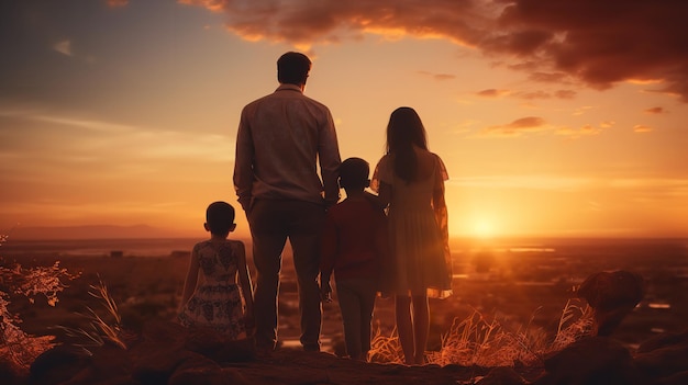 Glückliche bedeutende Familie bei einem generativen Ai bei Sonnenuntergang