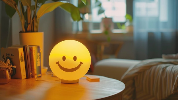 Glückliche Beleuchtung Ein gelbes Smiley-Gesicht LED-Licht ruht fröhlich auf dem Tisch und verbreitet Glück mit seinem freudigen Ausdruck