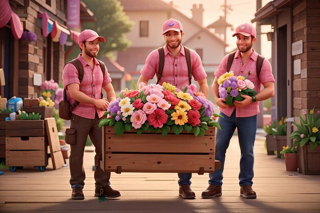 Foto glückliche blumenlieferanten mit kunden gegen holzplatten