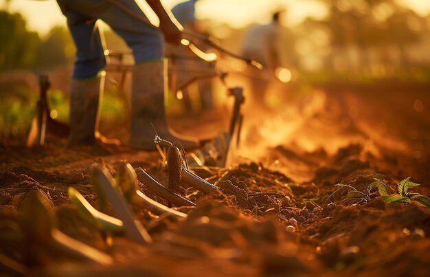 Foto glückliche brasilianische pflanzer bäuer benutzen pflüge, um das land für die sojabohnenpflanzung in brasilien vorzubereiten