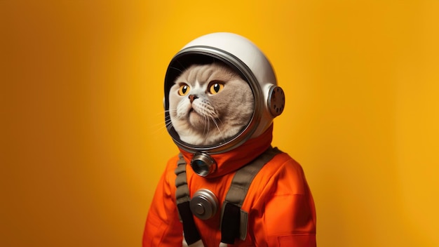 Glückliche britische Kurzhaarkatze, verkleidet als Astronaut auf orangefarbenem Hintergrund