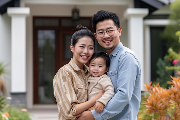 Foto glückliche chinesische familie mit kleinkind vor ihrem neuen zuhause miethypothek sozialwohnungskonzept