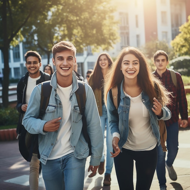 Glückliche College-Studenten, die zusammen laufen