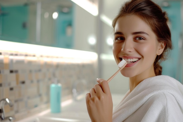 Glückliche Dame putzt sich die Zähne mit einer Zahnbürste im Badezimmer