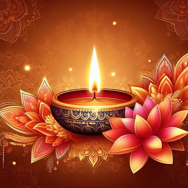 Glückliche Diwali-Hintergrundillustration mit Diya-Lampen und Lotusblumen