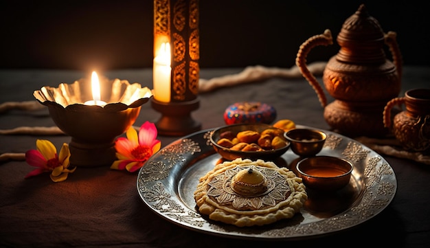 Foto glückliche diwali-lampen und indische speisen für die hintergrundplakatillustration