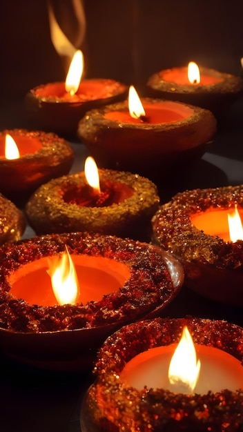 Glückliche Diwali-Ton-Diya-Lampen, die während der Diwali-Feier angezündet werden