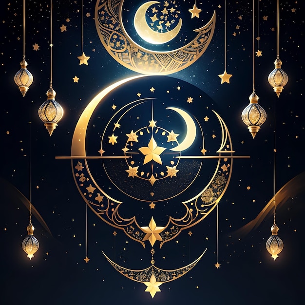 Glückliche Eid Mubarak-Kalligraphie mit hohlem Mondgravierungsbild auf goldenem Bokeh-Hintergrund Illustration