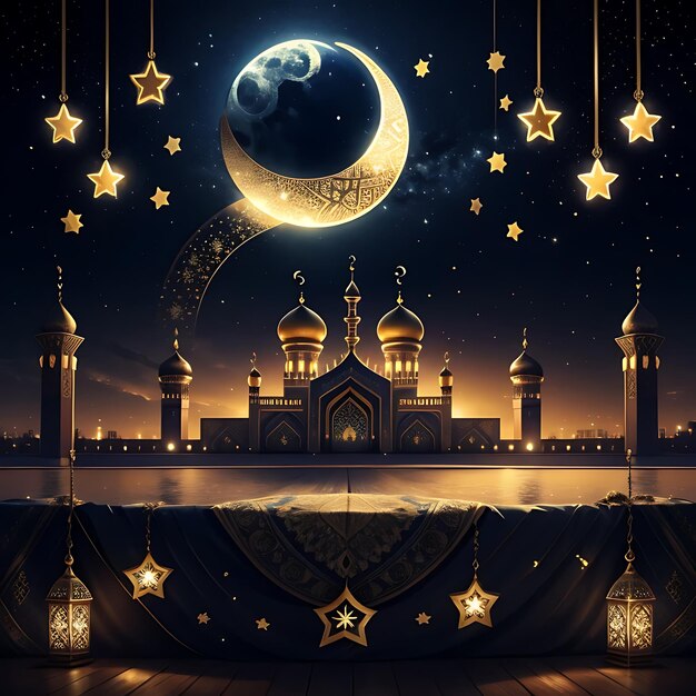 Glückliche Eid Mubarak-Kalligraphie mit hohlem Mondgravierungsbild auf goldenem Bokeh-Hintergrund Illustration