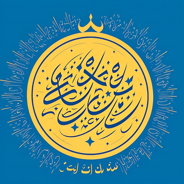 Glückliche Eid Mubarak-Kalligraphie mit hohlem Mondgravierungsbild auf goldenem Bokeh-Hintergrund Illustration