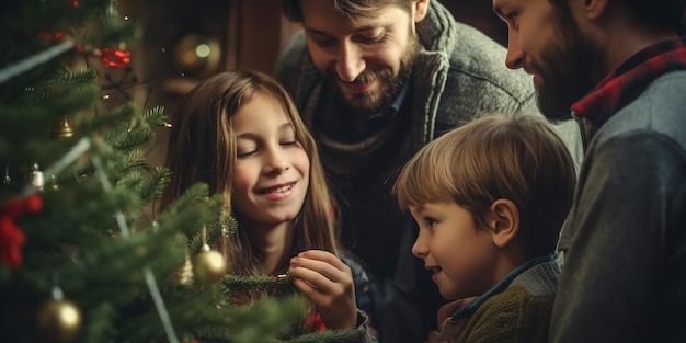 Glückliche Eltern dekorieren den Weihnachtsbaum der Familie mit ihrer Tochter Generative KI