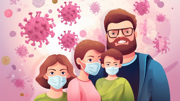 Glückliche Eltern mit Kindern, die vor Viren und Bakterien geschützt sind