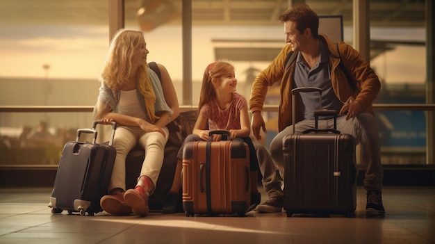 Glückliche Eltern und ihre Kinder warten darauf, zusammen zu reisen