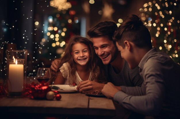 Glückliche Eltern und Kinder feiern an Heiligabend und Neujahrsfeier zusammen mit spaßiger Generativer KI