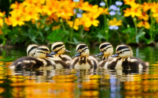 Glückliche Entenküken tauchen in kristallklarem Wasser mit hellen Blumen um sie herum