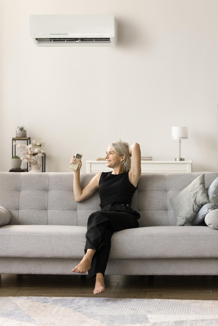 Foto glückliche, entspannte frau mittleren alters, die eine klimaanlage von einem bequemen sofa aus ausführt, die sich zu hause auf der couch ausruht und ein split-system für klimaanlage, kühlung, belüftung und ausrüstung an der wand verwendet