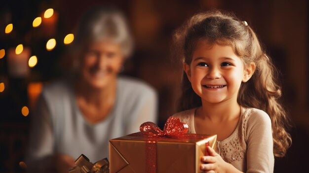 Glückliche erwachsene Großeltern mit Geschenkkiste mit Geschenk von ihrem Enkelkind