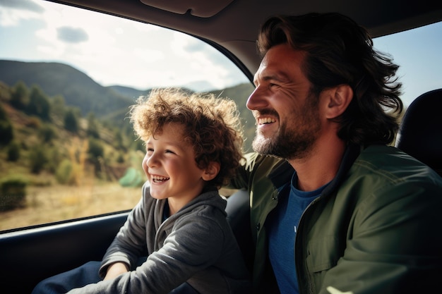 Glückliche Familie aus Vater und Sohn, die gemeinsam einen Roadtrip genießen AI Generative