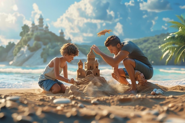 Glückliche Familie baut Sandburgen und schafft ein b