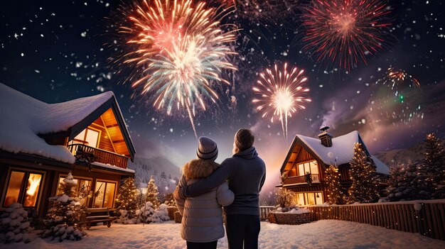 Glückliche Familie beobachtet Feuerwerk und Weihnachtsbaum in der Nacht Neujahrsfeier Konzept