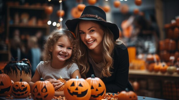 Glückliche Familie bereitet sich auf Halloween vor. Junge Mutter