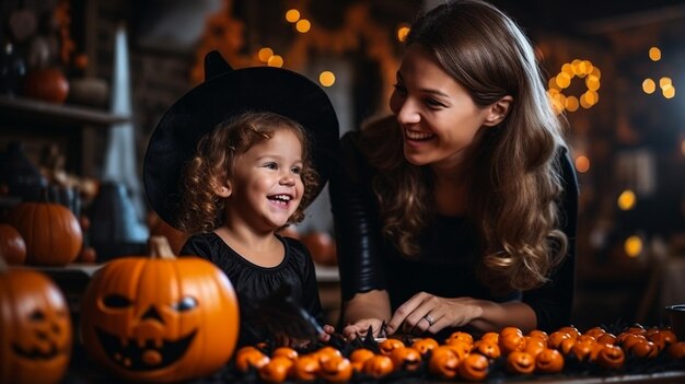 Glückliche Familie bereitet sich auf Halloween vor. Junge Mutter