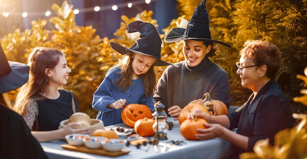 Glückliche Familie bereitet sich auf Halloween vor Mutter, Großmutter und Kinder schnitzen Kürbisse