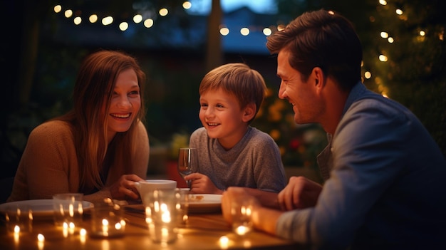 Foto glückliche familie, die gemeinsam im freien isst lächelnde generation familie, die während des essens am esstisch sitzt