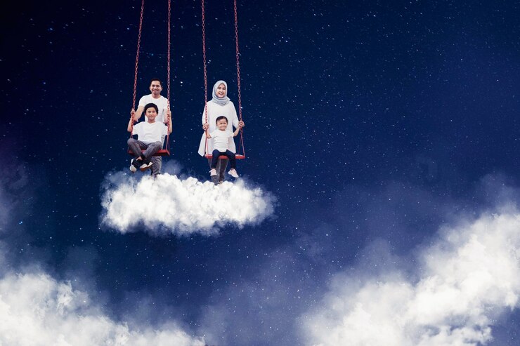 Foto glückliche familie, die mit schaukel am himmel spielt