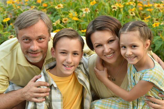 Glückliche Familie, die sich in einem Sommerpark ausruht