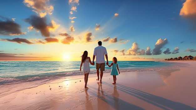 Glückliche Familie, die Spaß beim Spazierengehen am schönen Strand hat, liebt die Aussicht auf die Familie