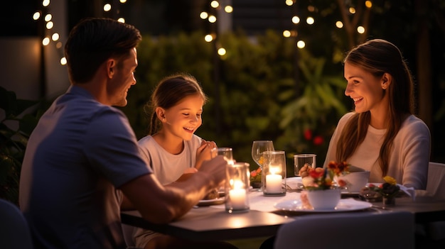 Glückliche Familie, die zusammen im Freien isst Lächelnde Generationenfamilie, die während des Abendessens am Esstisch sitzt