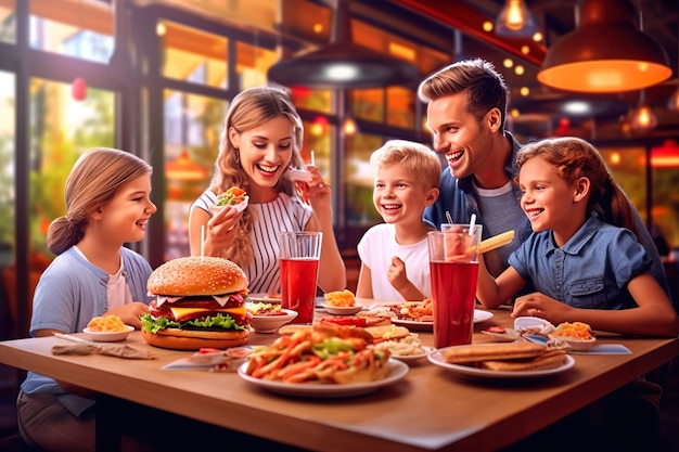 glückliche Familie genießt Fastfood im Restaurant generative ai